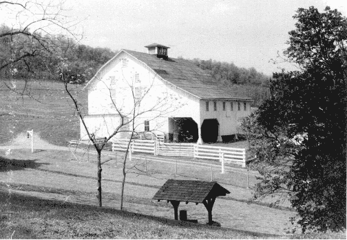 Barn from lawn of main house, May 10, 1958 (photograph by Richard Plummer)
